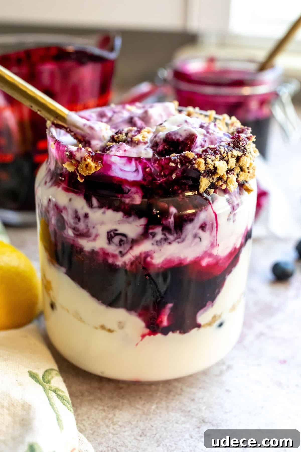Homemade Blueberry Syrup Recipe for Pancakes and Desserts 2 An image of blueberry syrup swirled into vanilla ice cream.