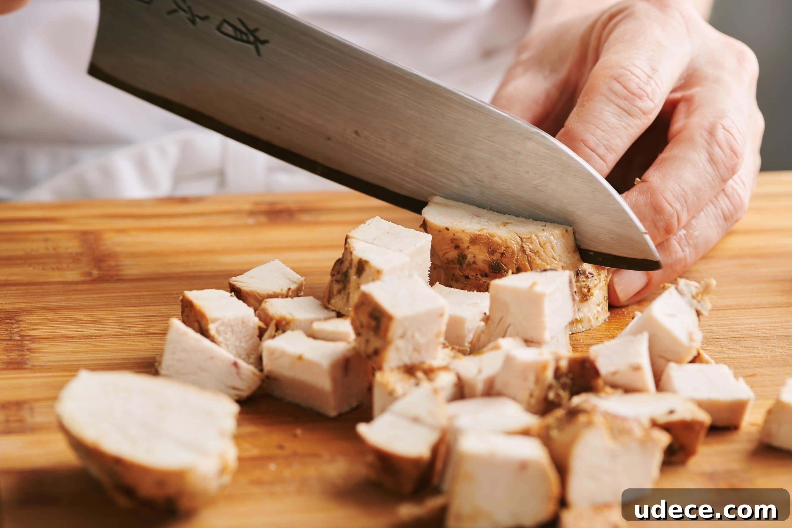 How to Cube Chicken Breast for Evenly Cut Pieces 4 Woman slicing chicken into cubes on a cutting board.