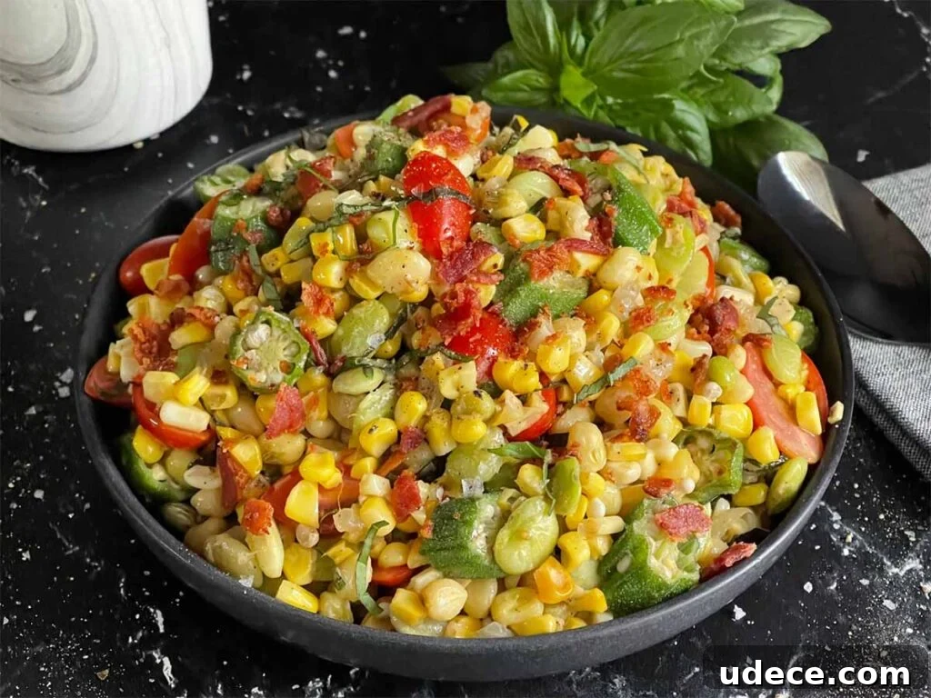 Fresh Summer Succotash Recipe with Corn, Beans & Peppers 2 Summer succotash in a black bowl.