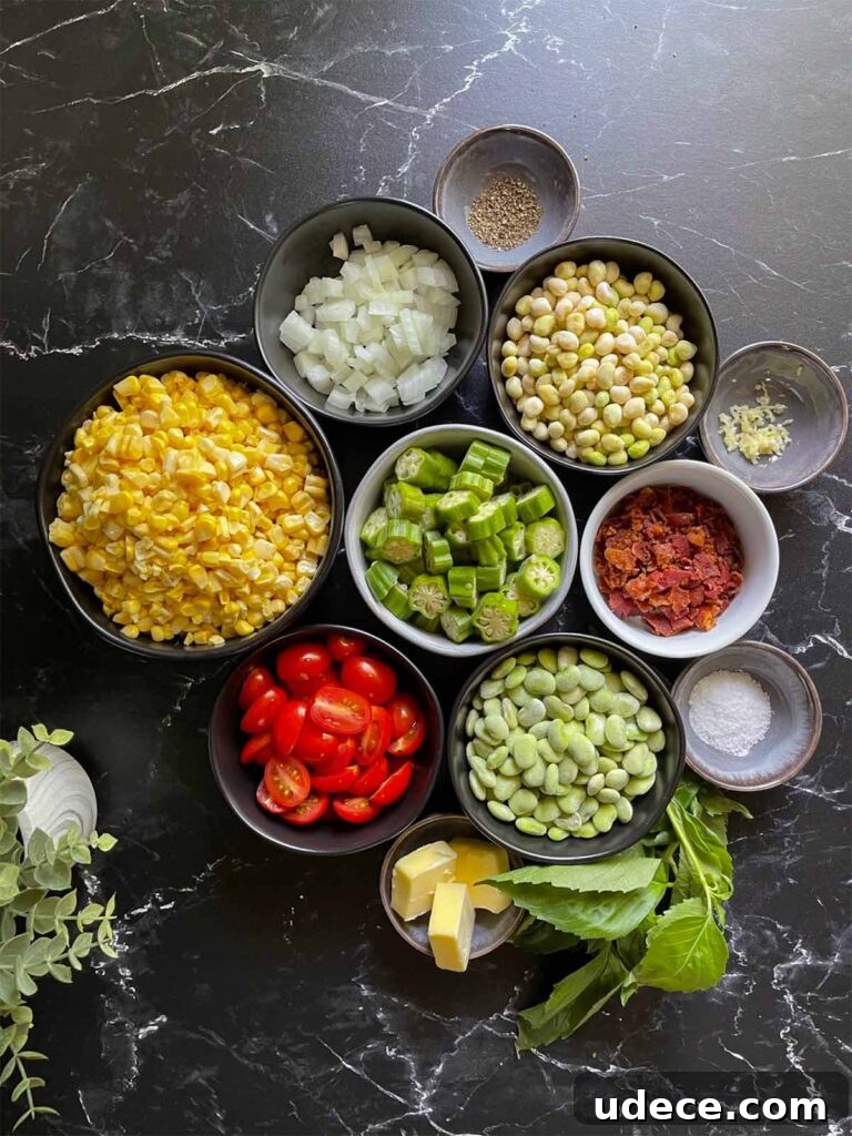 Fresh Summer Succotash Recipe with Corn, Beans & Peppers 3 Summer succotash recipe ingredients on a dark surface.