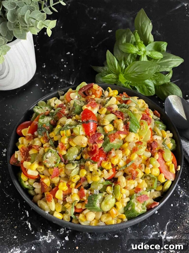 Fresh Summer Succotash Recipe with Corn, Beans & Peppers 6 Summer succotash in a black bowl on a dark surface.