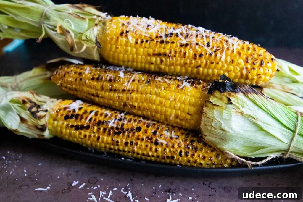 Fresh Summer Succotash Recipe with Corn, Beans & Peppers 7 Grilled corn on the cob on a black plate.