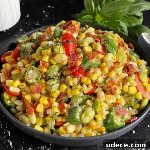 Fresh Summer Succotash Recipe with Corn, Beans & Peppers 10 Summer succotash in a black bowl on a dark surface.
