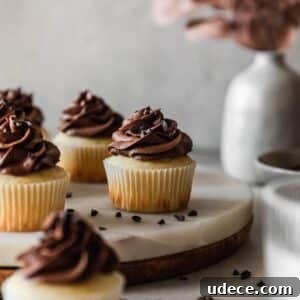 High-Altitude Yellow Cupcakes with Rich Chocolate Buttercream 15 A very closeup image of high altitude yellow cupcakes with chocolate buttercream on a marble cake stand with a grey background.