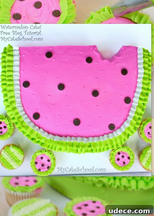 Adorable Watermelon Cake and Cupcakes! Free step by step cake and cupcake tutorial. Simple Watermelon Cake & Cupcake Tutorial