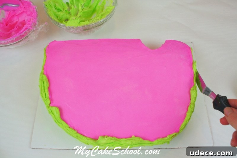 Cute and Easy Watermelon Cake! Green buttercream rind on watermelon cake
