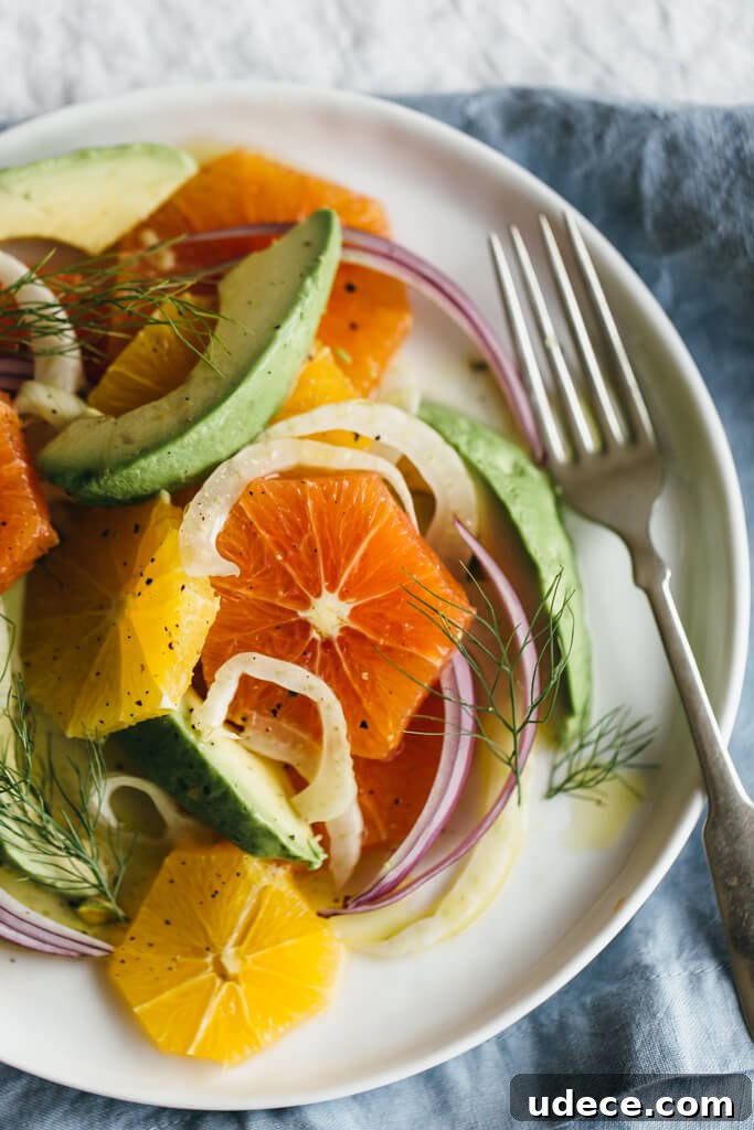 Orange, fennel and avocado salad with a white wine vinaigrette.