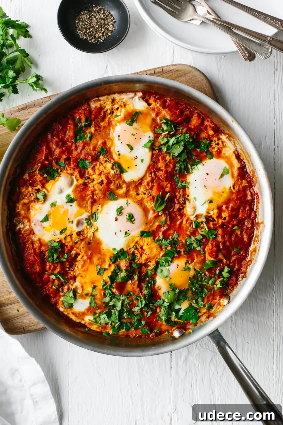Shakshuka in a saute pan.