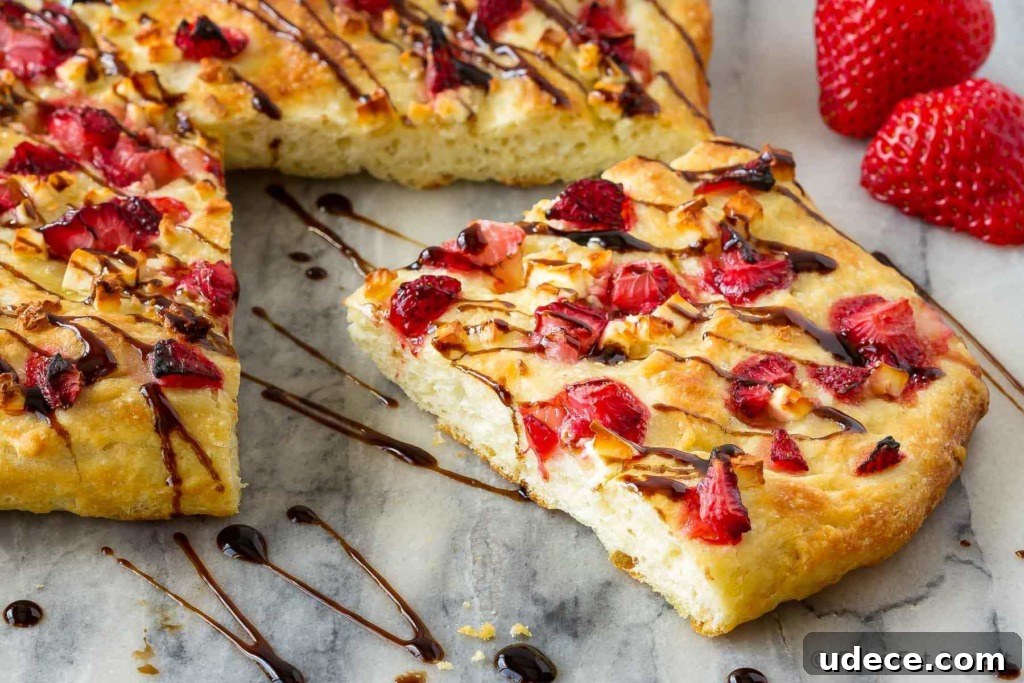 Strawberry and Feta Focaccia Recipe — Sweet Savory Summer Bread 2 Easy focaccia with strawberries and feta, topped with balsamic glaze.