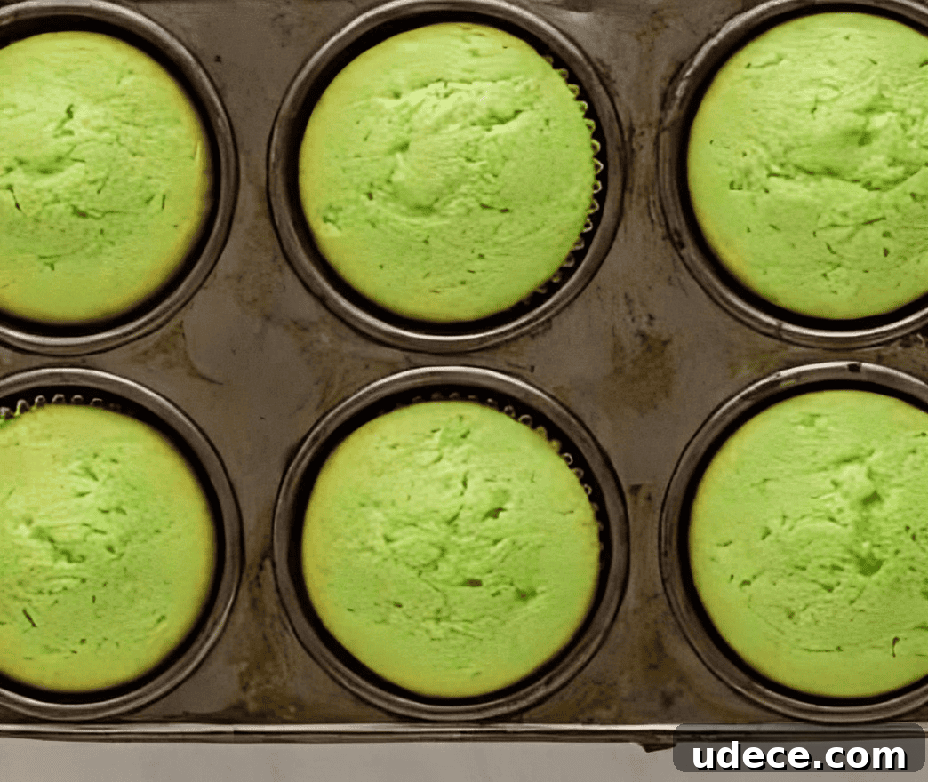 Festive Cinco de Mayo Cupcake Recipes and Decorating Ideas 8 baked green cupcakes in a cupcake tin.