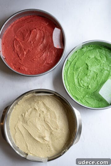 batter transferred to pans with food coloring