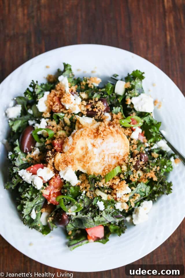 Kale Salad with Feta and Garlic Panko Crumbs and Poached Egg © Jeanette's Healthy Living