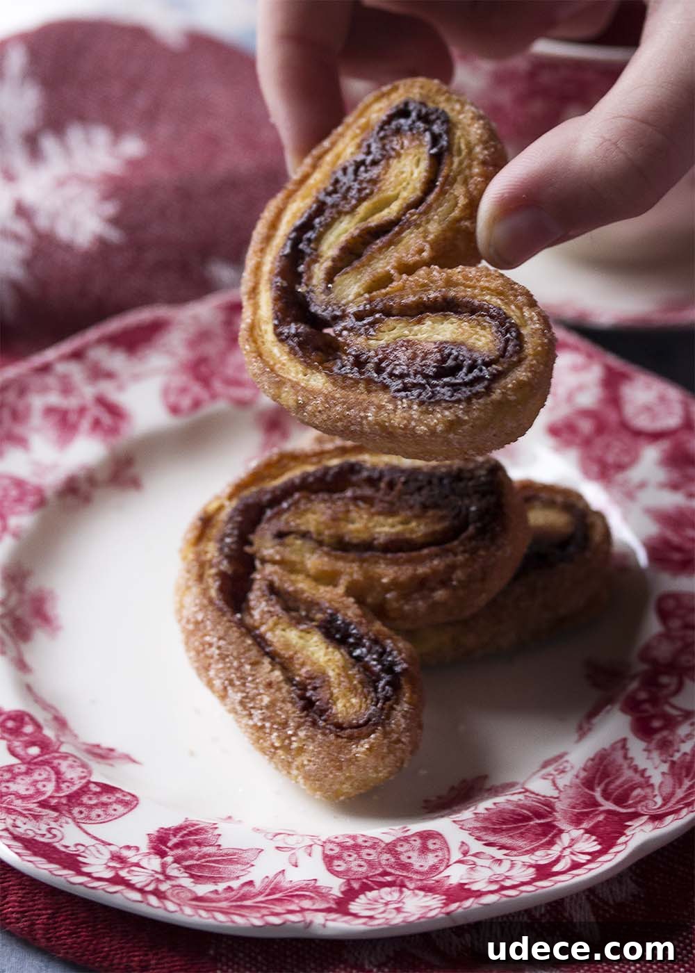 A hand holding up a cinnamon cocoa pastry with a few more pastries on the plate.