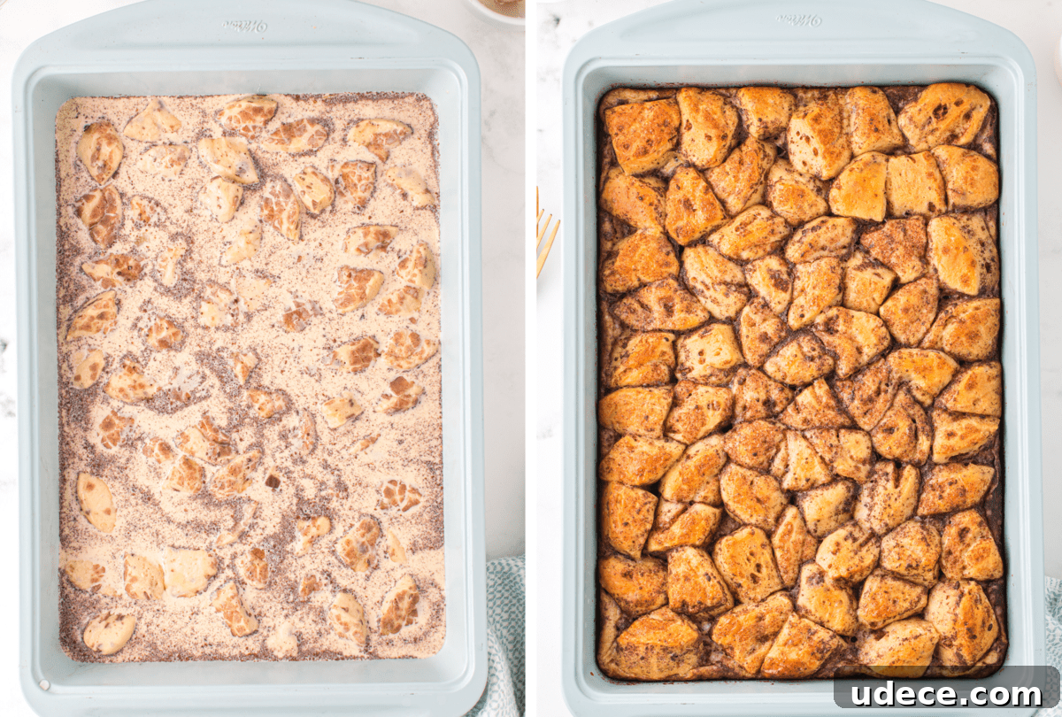 unbaked cinnamon roll casserole in light blue baking dish on white background