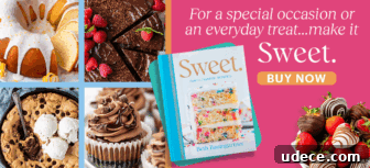 A cookbook titled Sweet by Beth Baumgartner is surrounded by images of cakes and cookies.