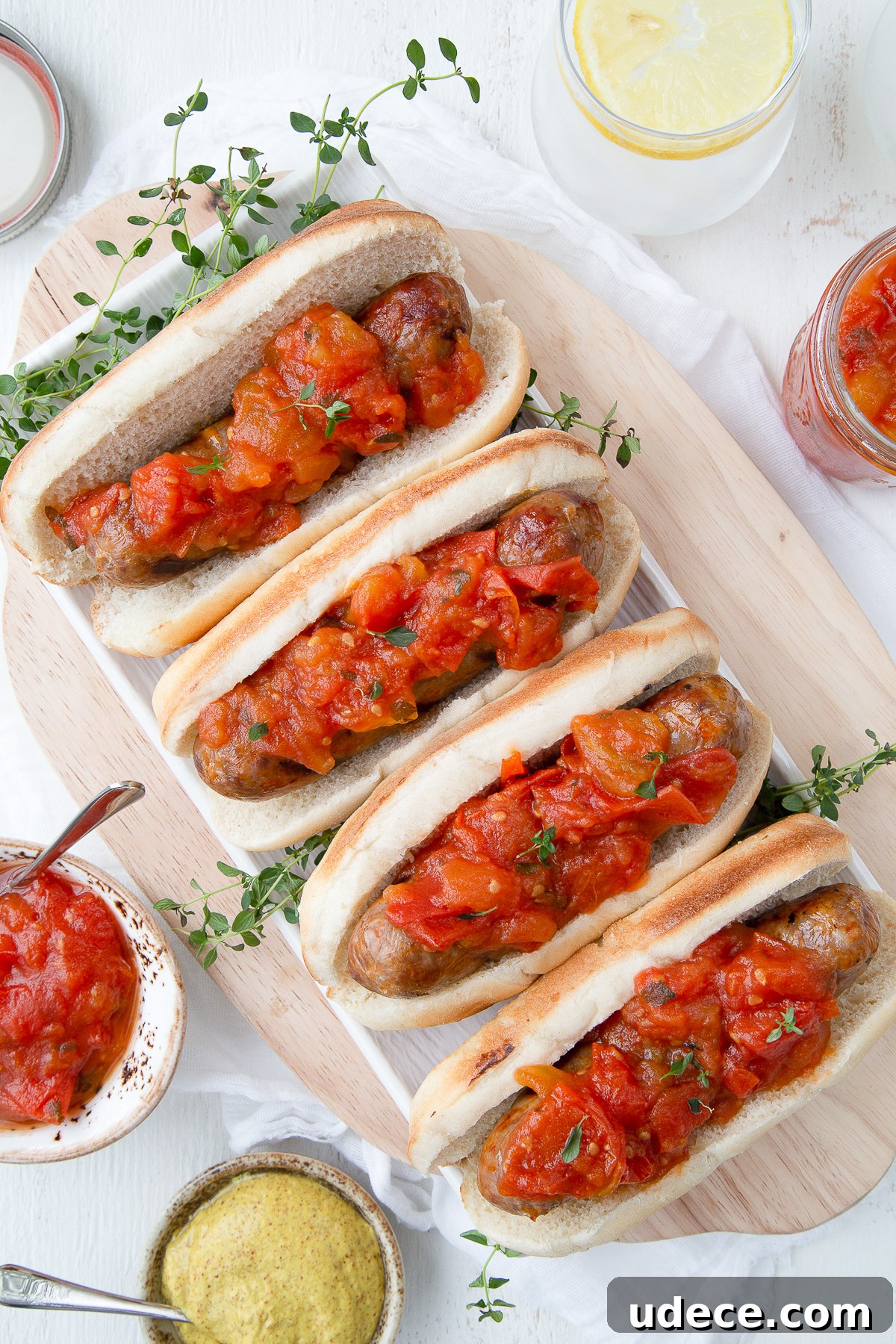 Homemade Tomato Jam Recipe: Sweet & Savory Preserving Guide 2 tomato jam on bratwursts on a wooden board