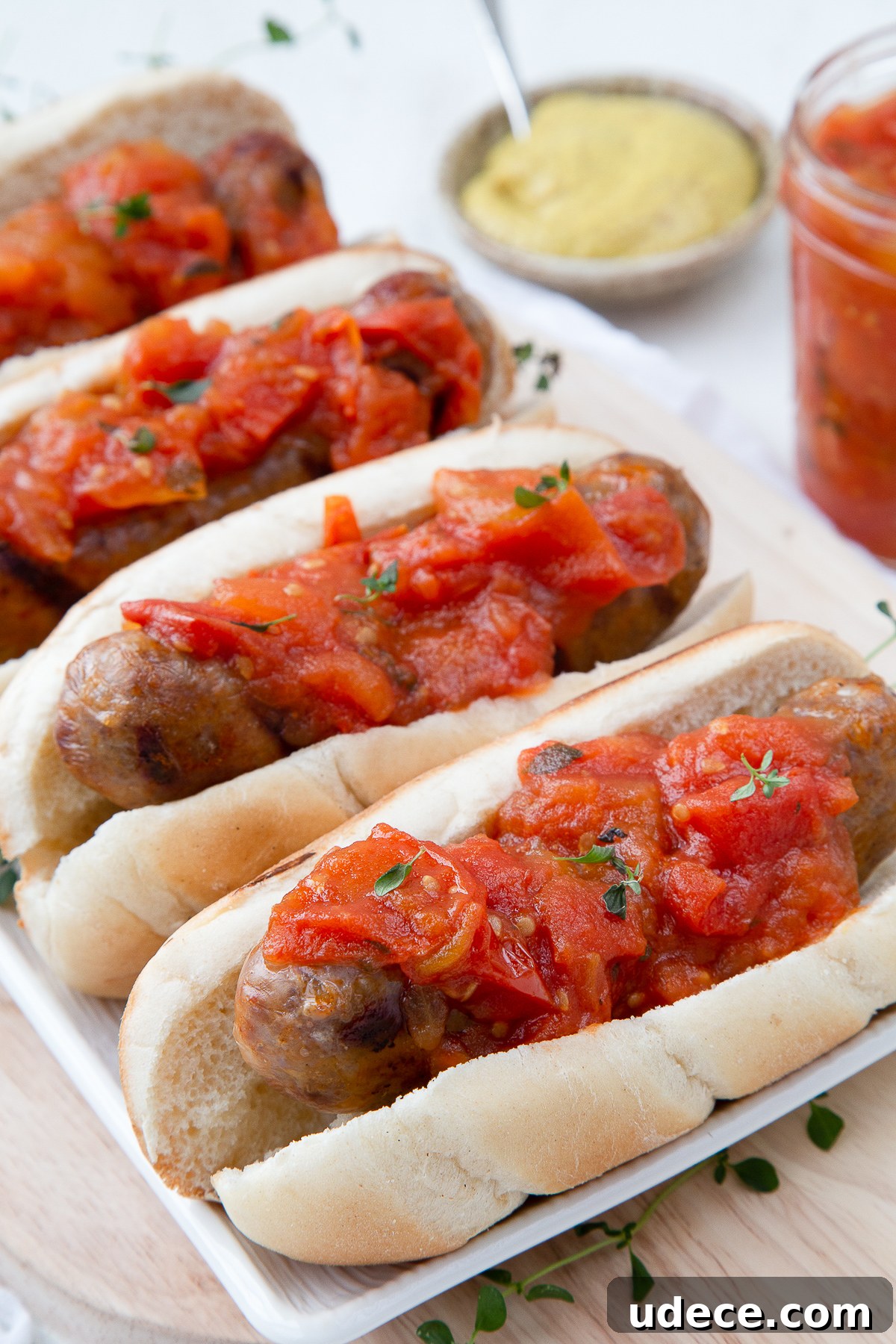 Homemade Tomato Jam Recipe: Sweet & Savory Preserving Guide 8 tomato jam on top of bratwursts in buns, on a white serving platter