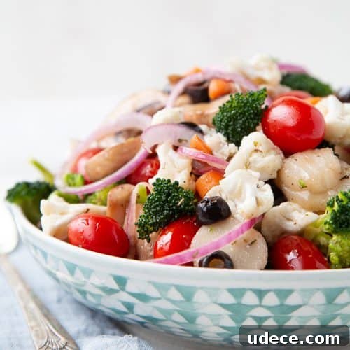 marinated vegetable salad in a low decorative bowl.