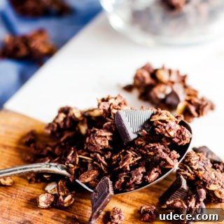 Chocolate Coconut Granola Recipe for Crunchy Homemade Clusters 6 This chocolate coconut granola is so simple to make and utterly delicious. It is the perfect balance of chocolate and coconut. Perfect recipe for breakfast, dessert, and everyday snacking