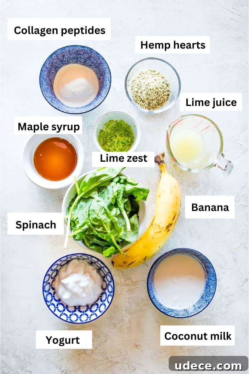 The ingredients needed to make a key lime pie smoothie separated into small bowls.