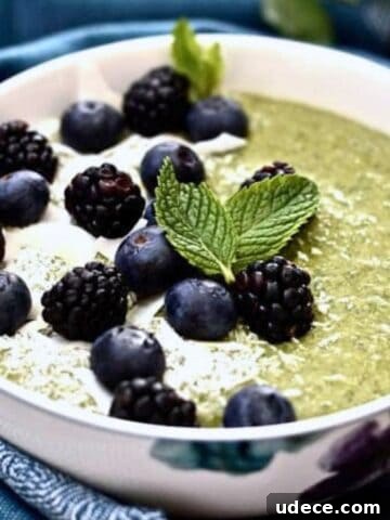 A mint smoothie bowl topped with shredded coconut, blueberries and cacao nibs.