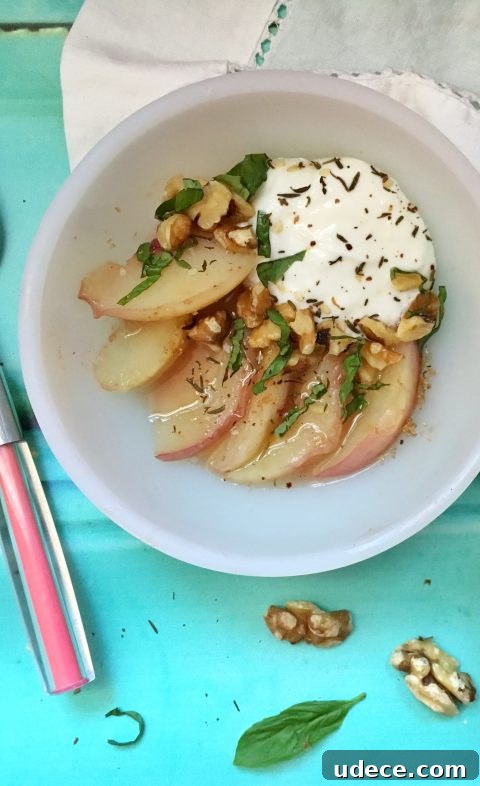 Sautéed Peaches with Walnuts, Coconut Yogurt, and Basil Za'atar Dust Sautéed Peaches with Walnuts, Coconut Yogurt, and Basil Za'atar Dust