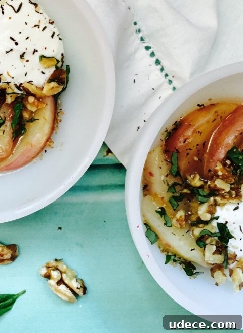 Sautéed Peaches with Walnuts, Coconut Yogurt, and Basil Za'atar Dust Sautéed Peaches with Walnuts, Coconut Yogurt, and Basil Za'atar Dust
