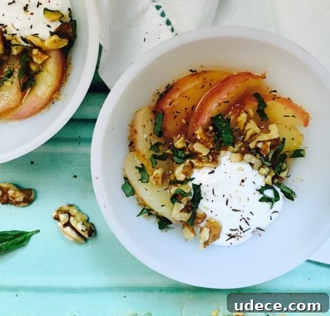 Sautéed Peaches with Walnuts, Coconut Yogurt, and Basil Za'atar Dust Sautéed Peaches with Walnuts, Coconut Yogurt, and Basil Za'atar Dust