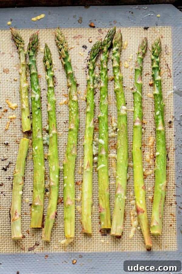 Roasted Lemon Garlic Asparagus Recipe for Crispy Tender Spears 2 cooked asparagus spears laid out in a single layer on a baking tray covered in parmesan cheese and minced garlic