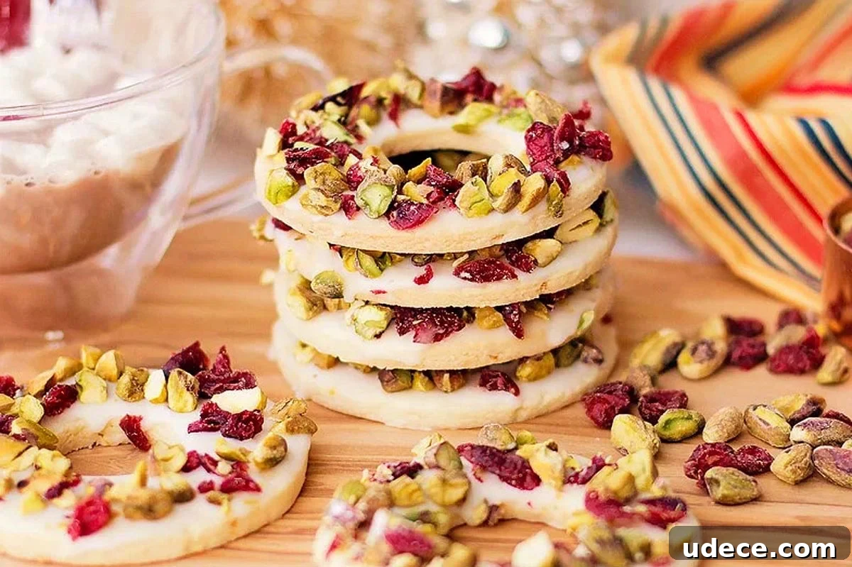 Cranberry Pistachio Holiday Wreath Cookies Recipe 2 A stack of round, white cranberry pistachio wreath cookies topped with chopped pistachios and dried cranberries rests on a wooden surface.