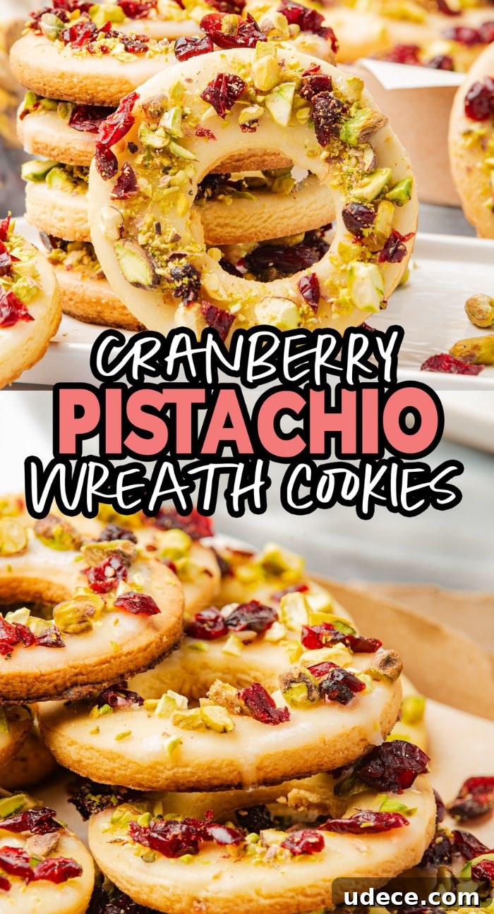 Cranberry Pistachio Holiday Wreath Cookies Recipe 14 Cranberry pistachio wreath cookies stacked, topped with glaze, dried cranberries, and chopped pistachios, make a festive holiday treat.