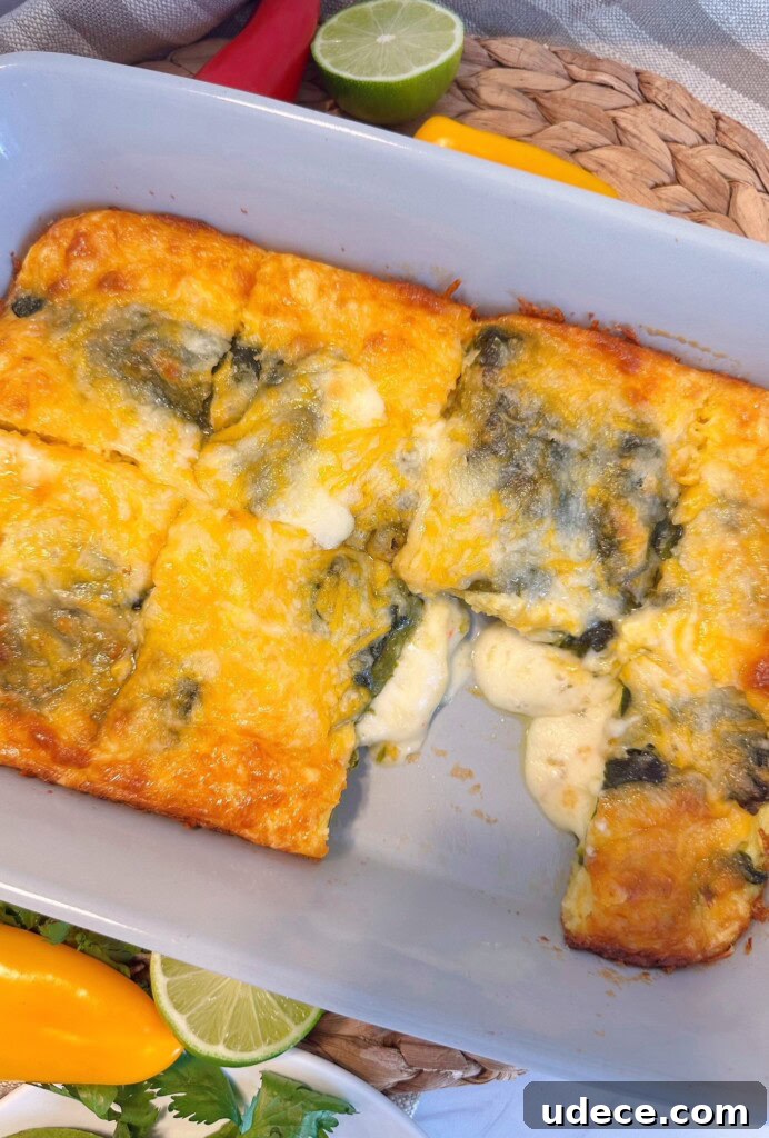 Chili Relleno Casserole Recipe: Cheesy Roasted Poblanos Bake 14 Baked chili relleno casserole cut into squares.