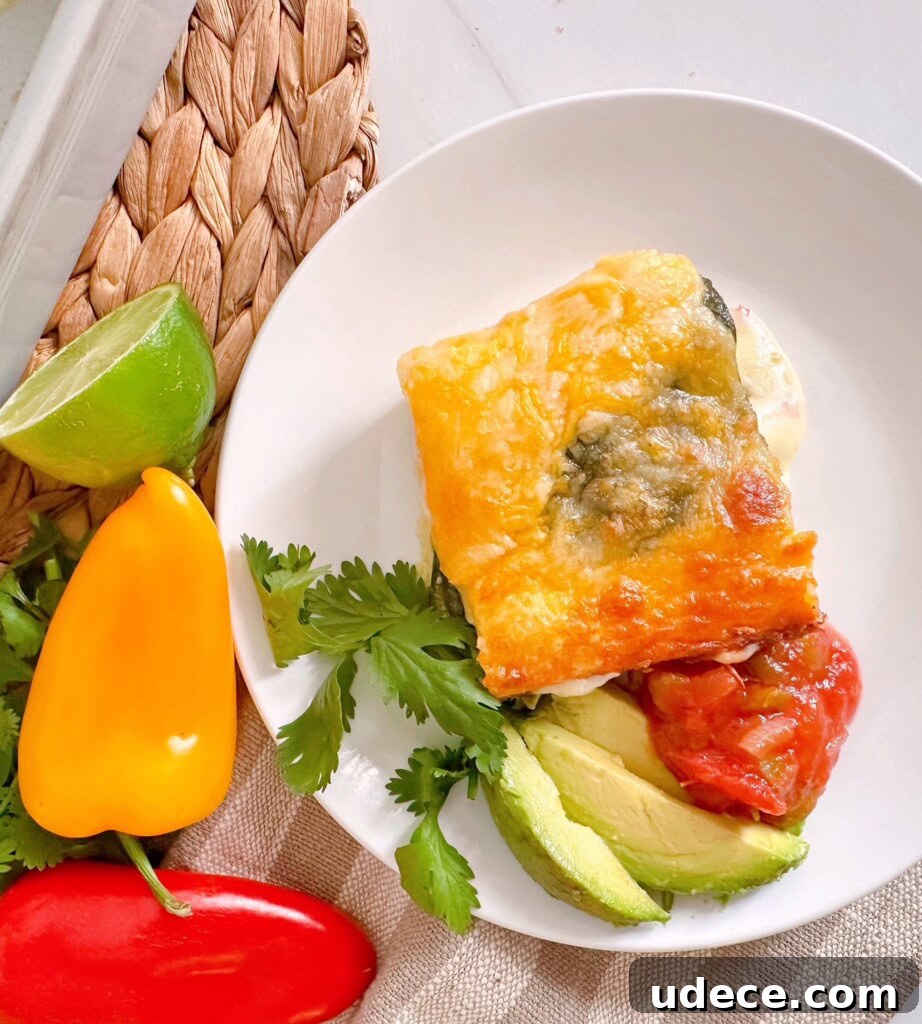 Chili Relleno Casserole Recipe: Cheesy Roasted Poblanos Bake 16 Chili Relleno Casserole served with salsa and avocado slices.