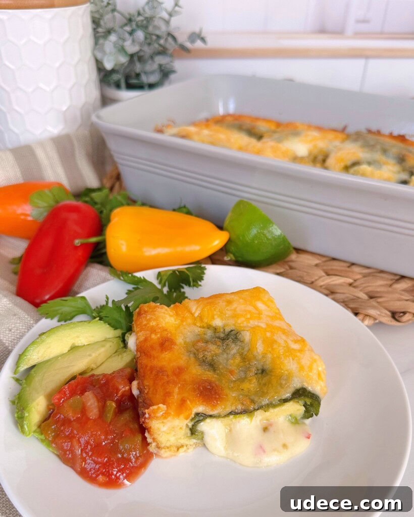 Chili Relleno Casserole Recipe: Cheesy Roasted Poblanos Bake 3 Chili Relleno Casserole with a serving on a dinner plate, cheese oozing out with salsa, and avocado slices.