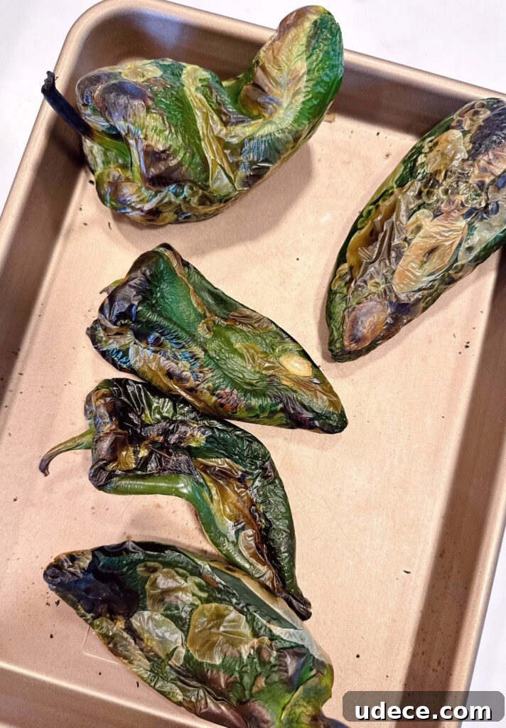Chili Relleno Casserole Recipe: Cheesy Roasted Poblanos Bake 5 Pablano Peppers roasted on a baking sheet.