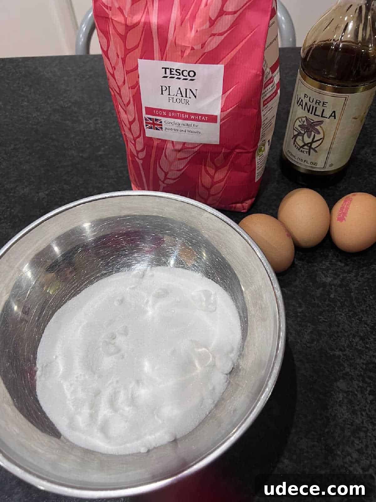Showing the ingredients needed for a vanilla swiss roll