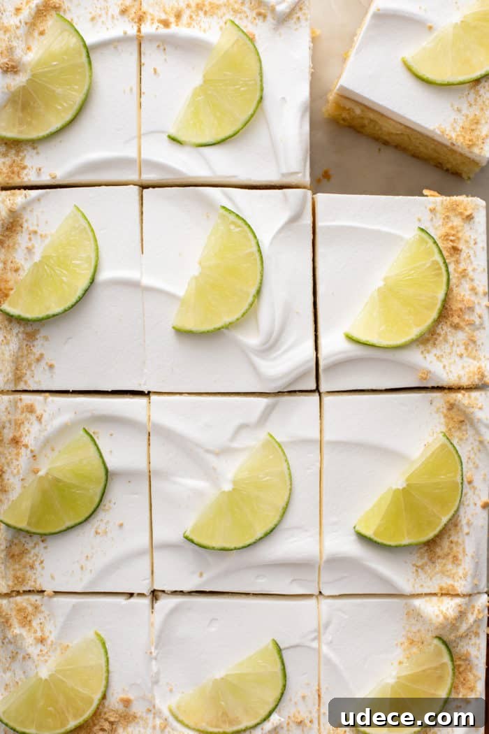 Overhead view of a sliced key lime poke cake garnished with graham cracker crumbs and slices of lime.