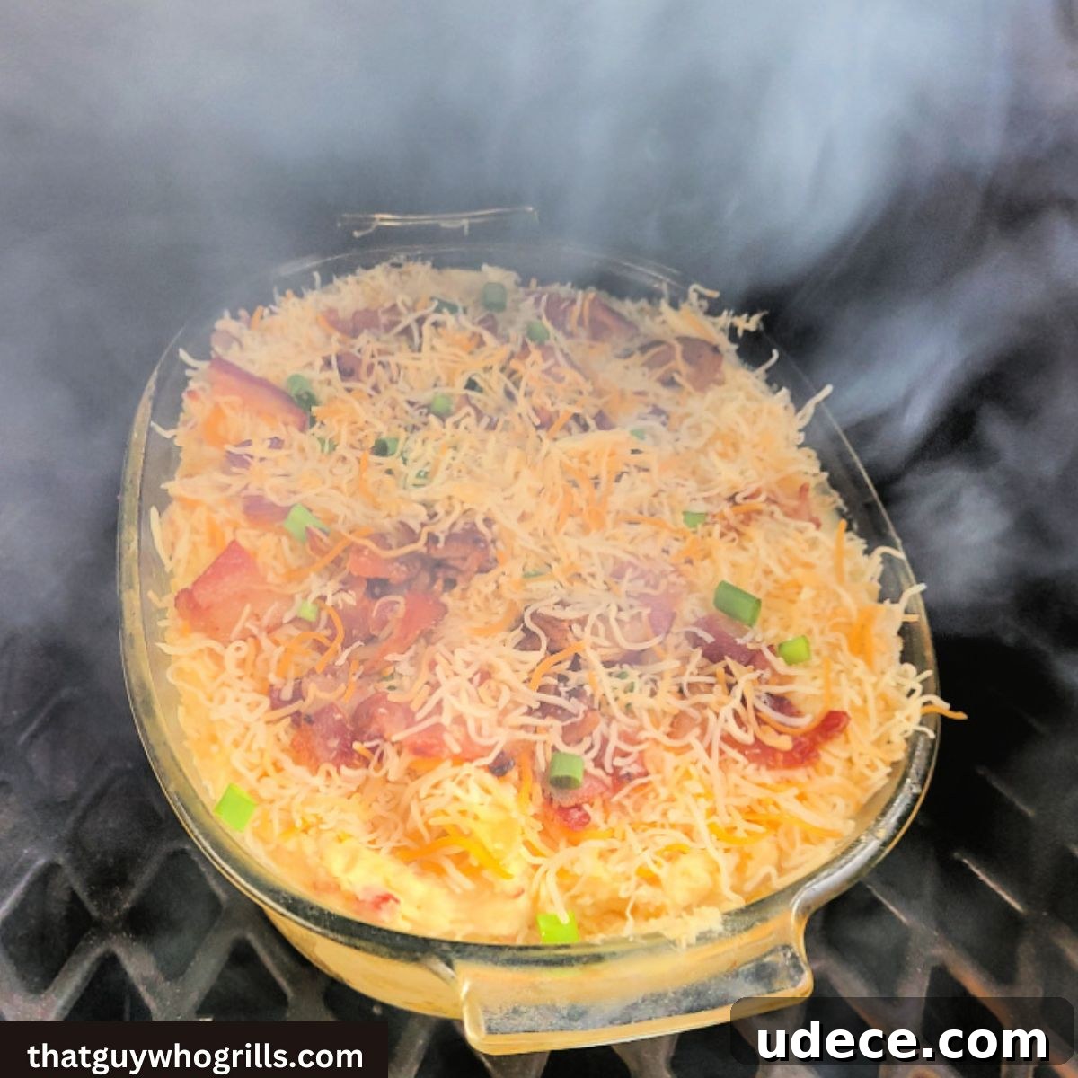 Smoked Cheesy Loaded Potatoes Recipe for Camping or BBQ 6 Smoked Loaded Cheesy Potatoes smoking on pit boss pellet grill