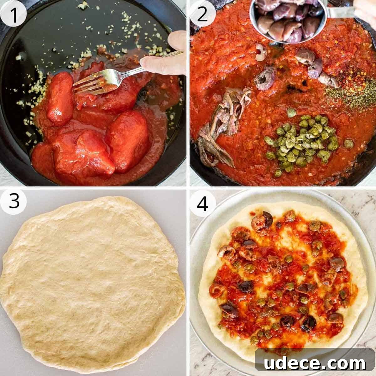 Calabrese Pizza: Spicy Italian Pepperoni & Calabrian Chili Recipe 5 4-step photo collage of preparing calabrese pizza sauce and dough.
