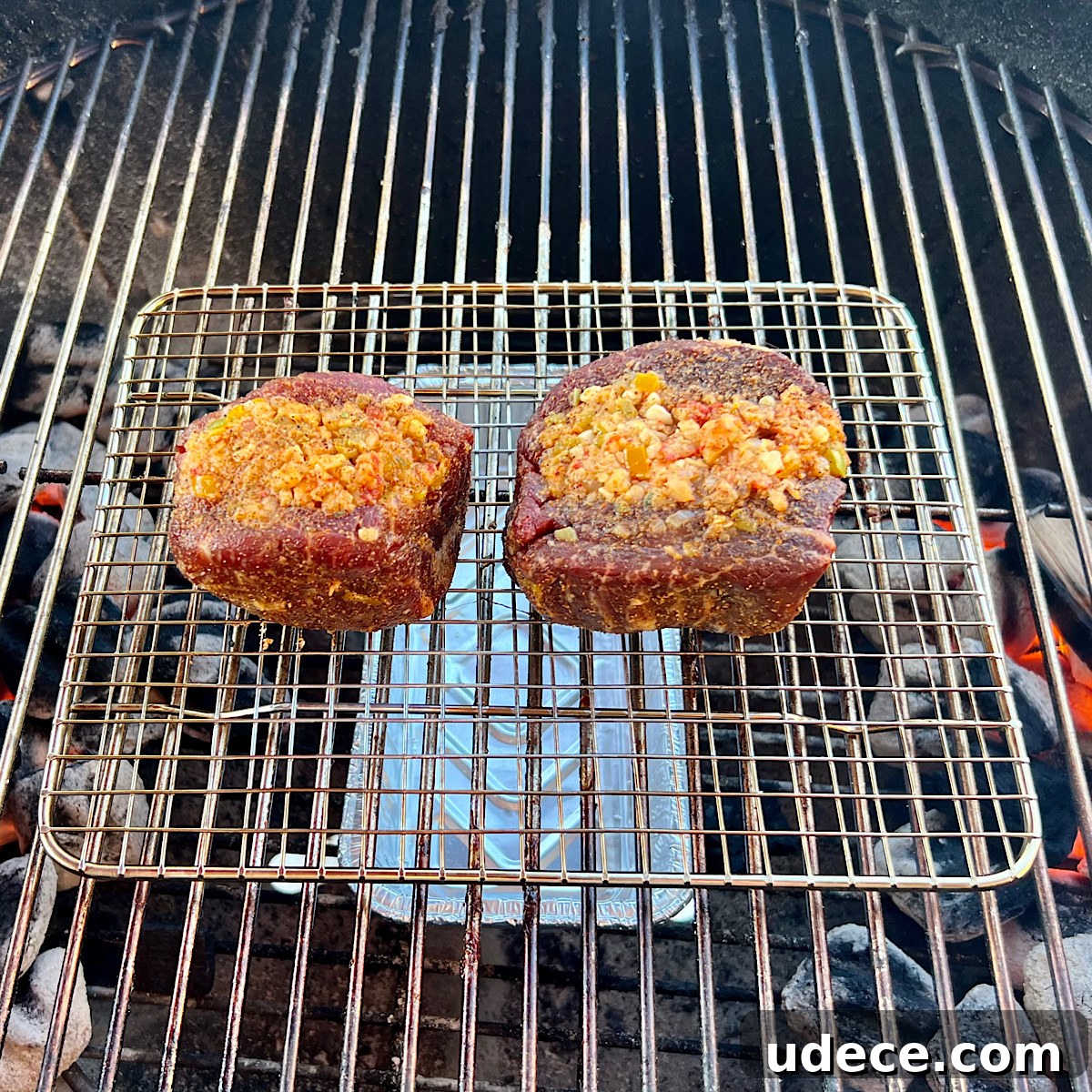 Grilled Stuffed Filet Mignon on a Weber Kettle Grill 7 stuffed filet mignon on grill grate
