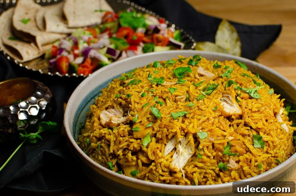 Authentic Pressure Cooker Chicken Biryani Recipe – Ready Fast 2 Pressure cooker Chicken Biryani served in a green bowl with chopped coriander on top, salad and mango chutney served on the side