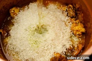 Authentic Pressure Cooker Chicken Biryani Recipe – Ready Fast 7 Rice and vegetable stock being added to the pressure cooker pot