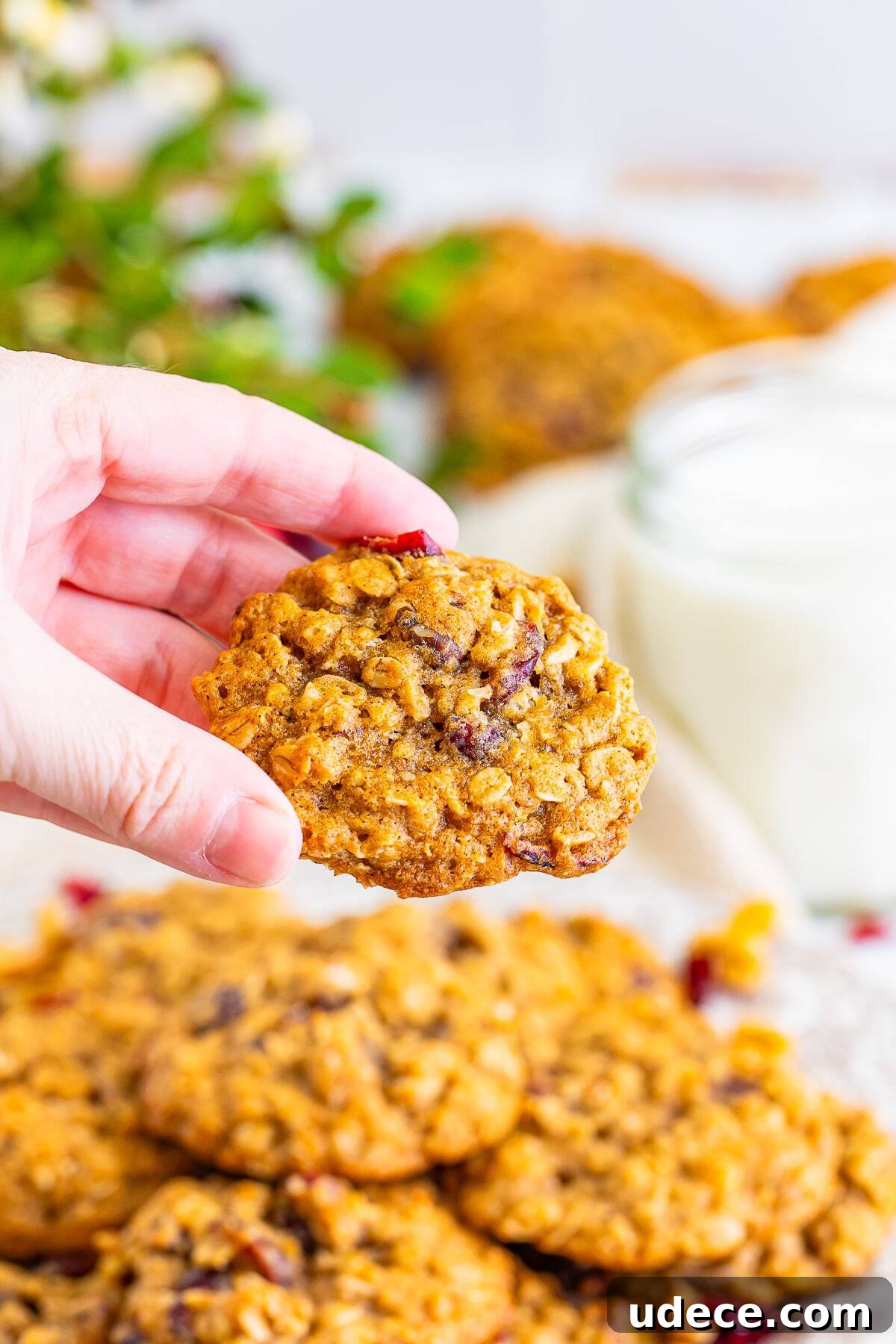Chewy Cranberry Oatmeal Cookies with Walnuts — Soft, Tangy Bites 6 a hand holding up Cranberry Oatmeal Cookies in air