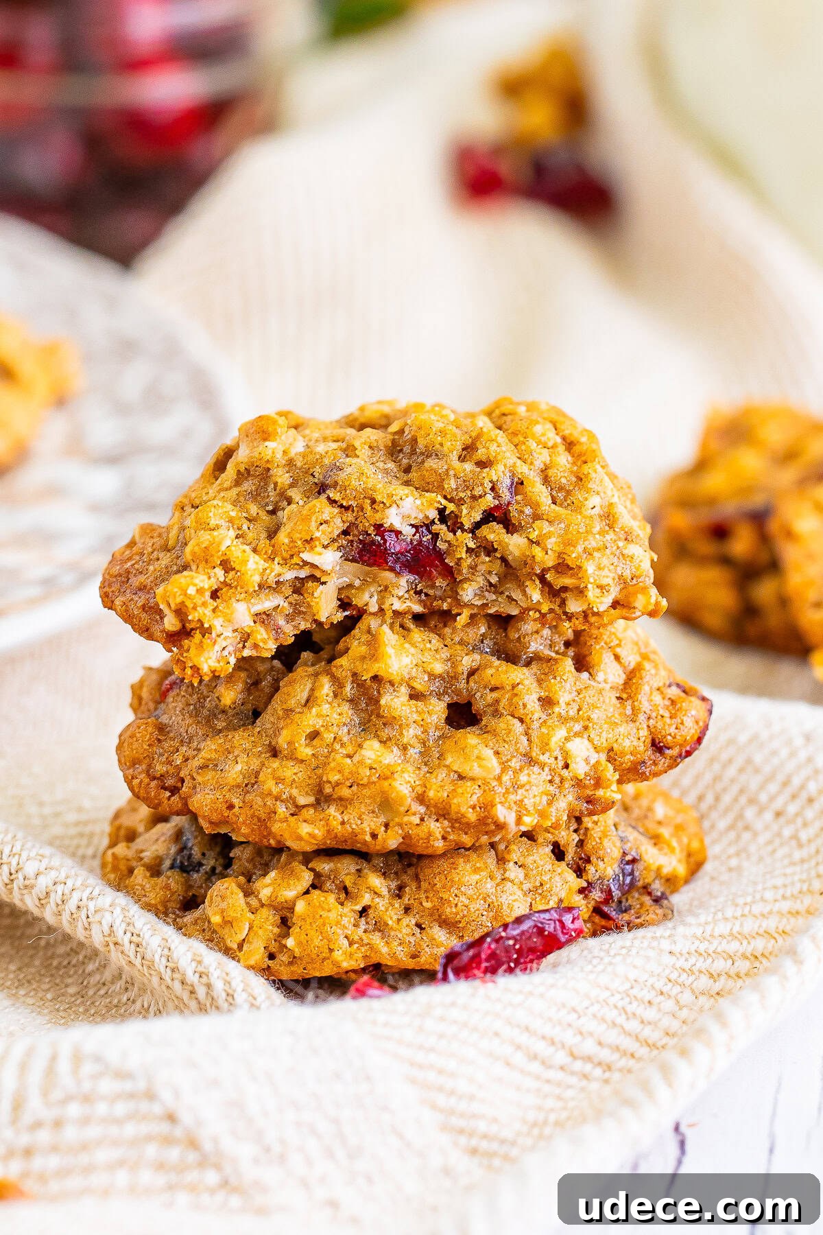 Chewy Cranberry Oatmeal Cookies with Walnuts — Soft, Tangy Bites 7 a stack of Cranberry Oatmeal Cookies with a bite taken out