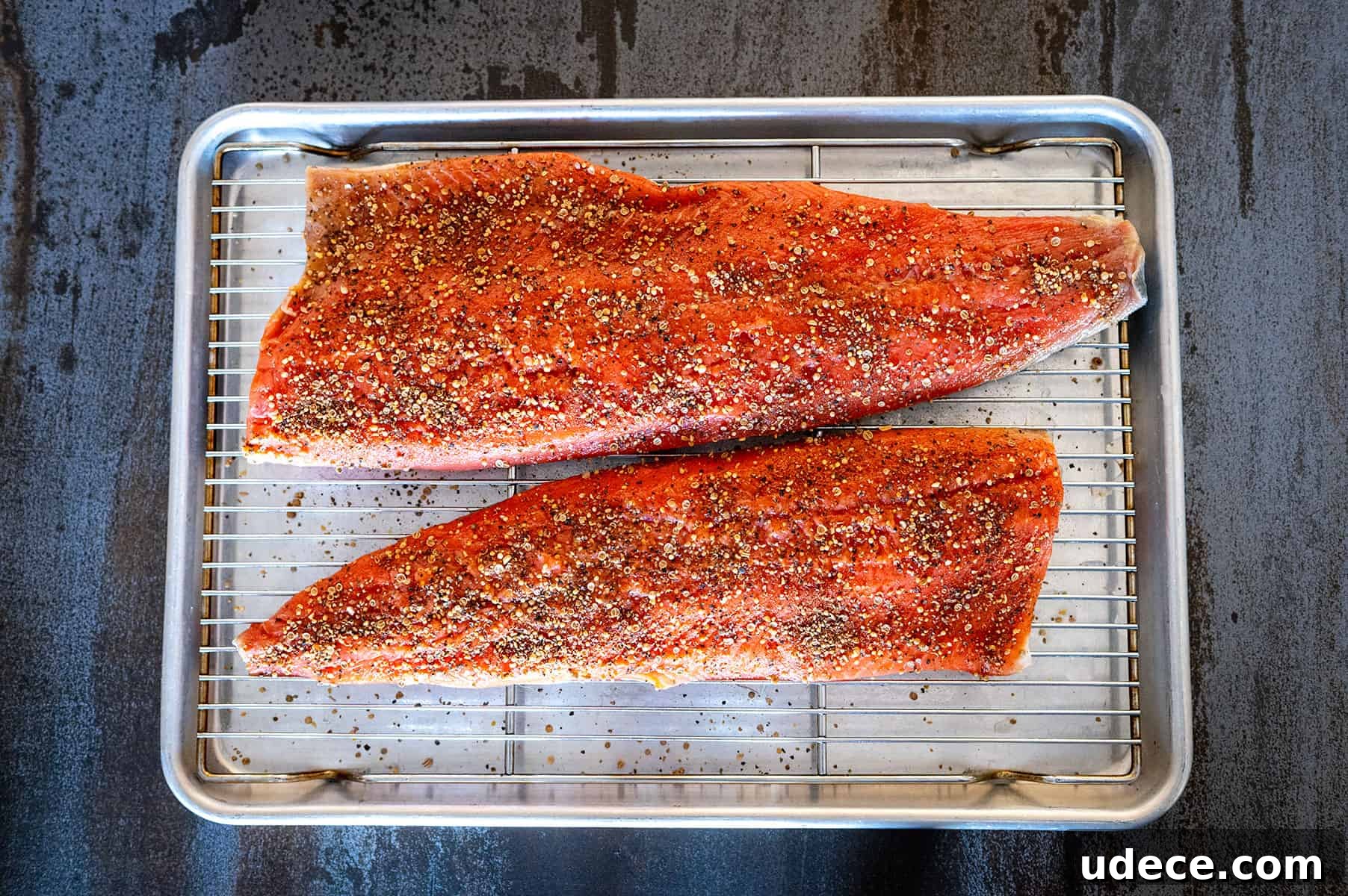 Smoked Salmon Pastrami Recipe: How to Make and Serve It 5 Salmon brining with pastrami rub on rack.