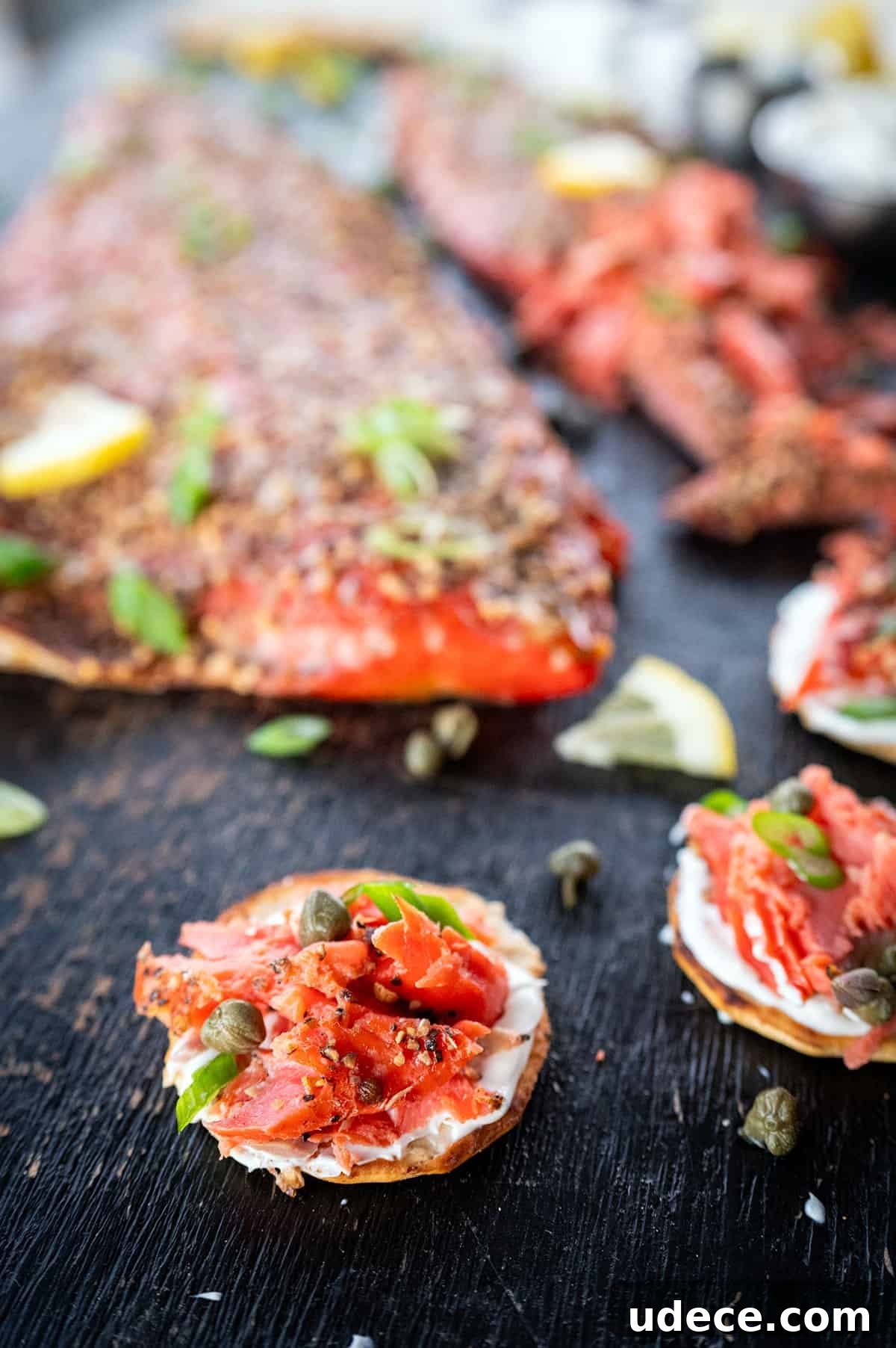 Smoked Salmon Pastrami Recipe: How to Make and Serve It 8 Smoked Salmon Pastrami on crackers with cream cheese.