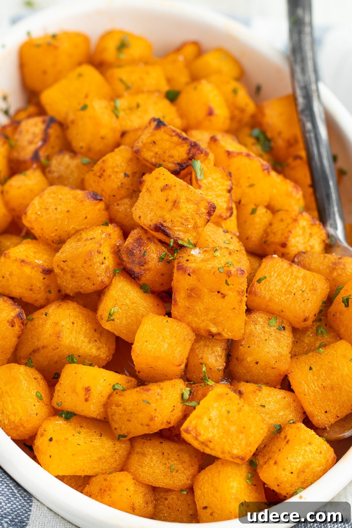 This is a close-up picture of cooked air fryer butternut squash.