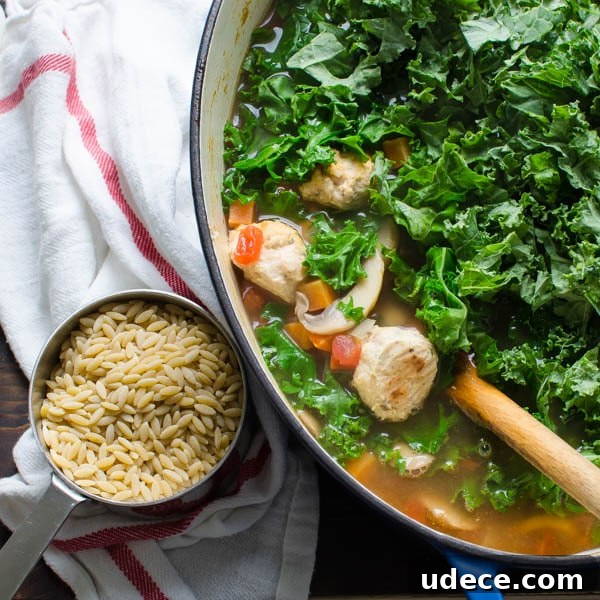 adding kale and orzo to soup