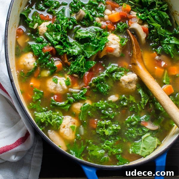 Kale, White Bean and Meatball Soup with wooden spoon