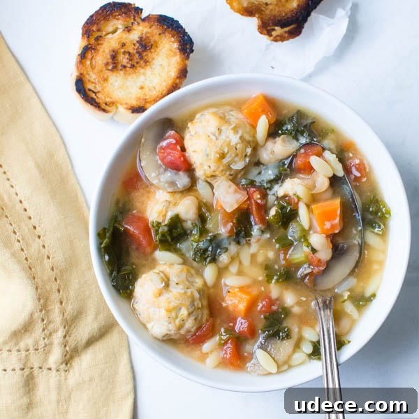 Kale, White Bean and Meatball Soup with charred bread